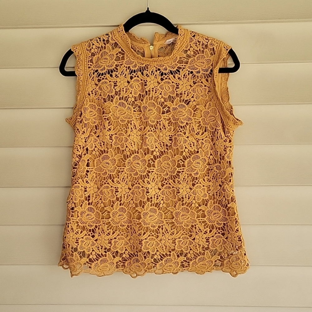 NANETTE LAPORE TANK TOP BLOUSE SLEEVELESS GOLD LACE FLORAL SIZE MEDIUM